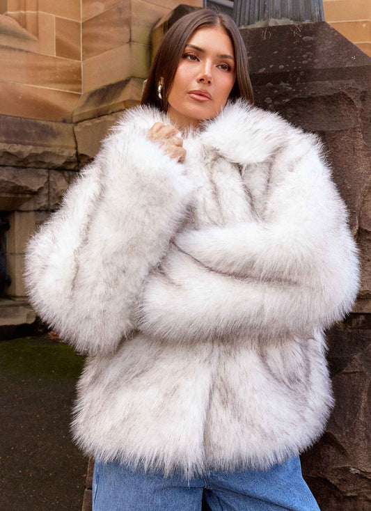 novera faux fur jacket white grey