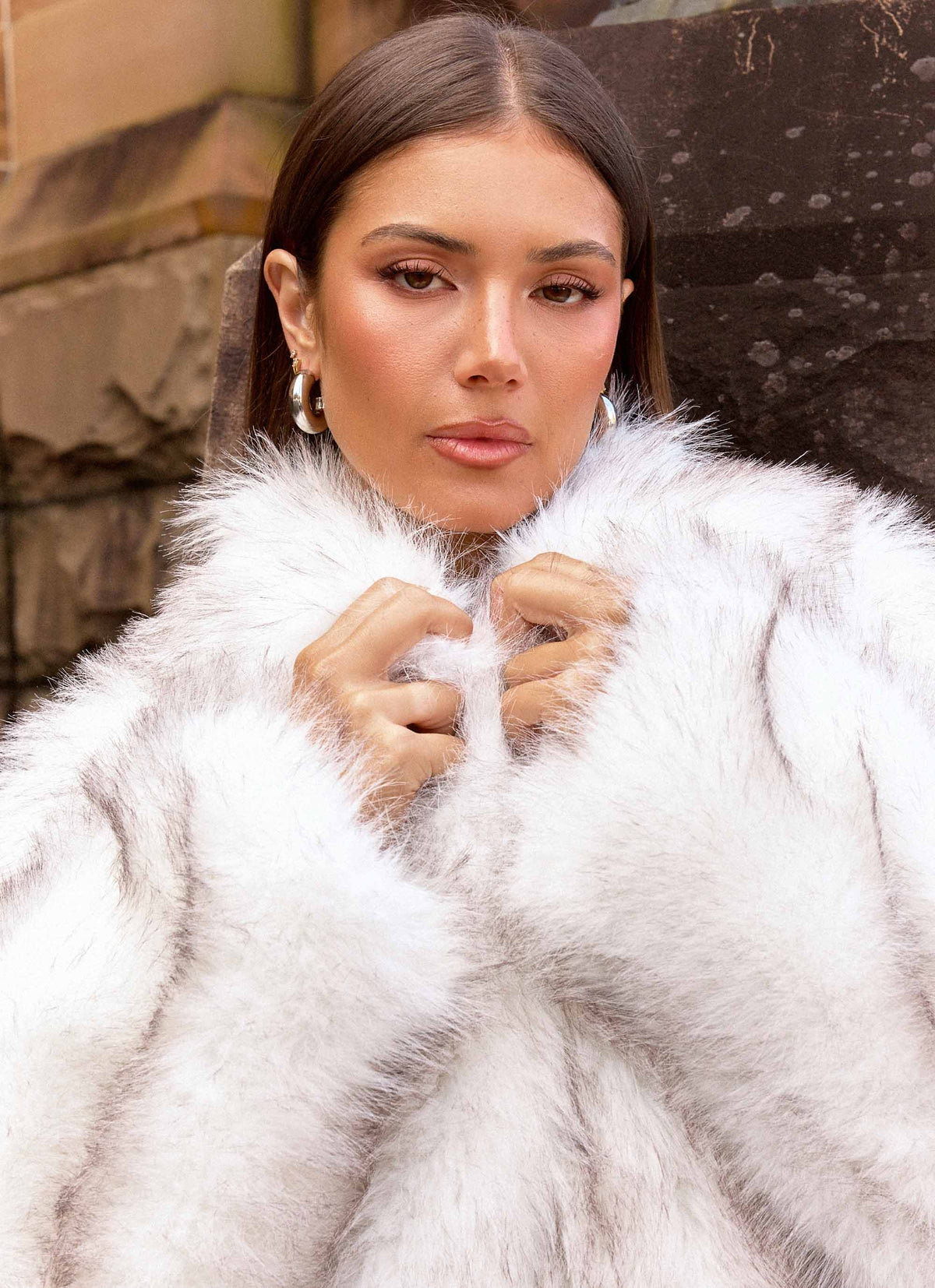novera faux fur jacket white grey