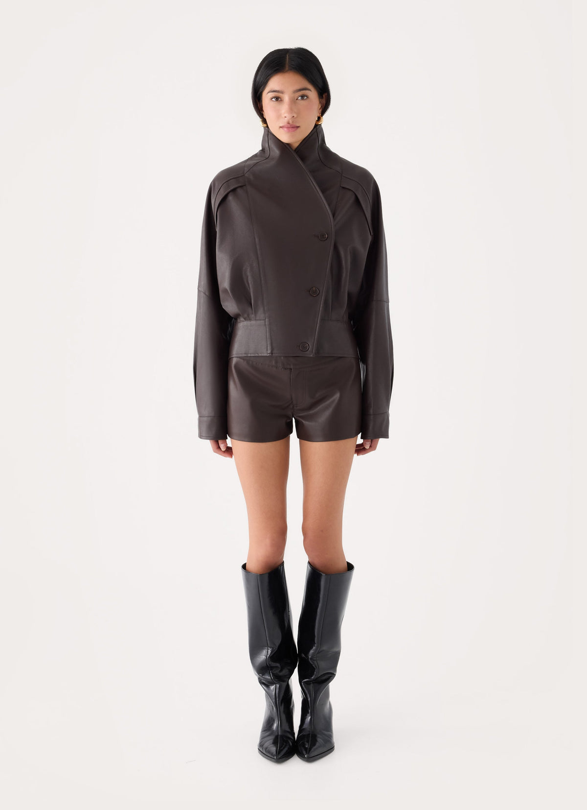 deliana oversized faux leather jacket chocolate