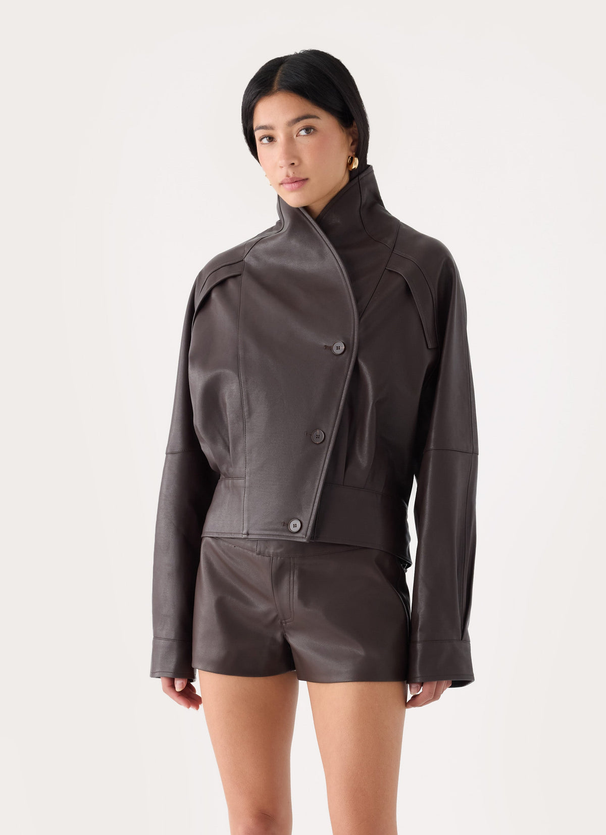 deliana oversized faux leather jacket chocolate
