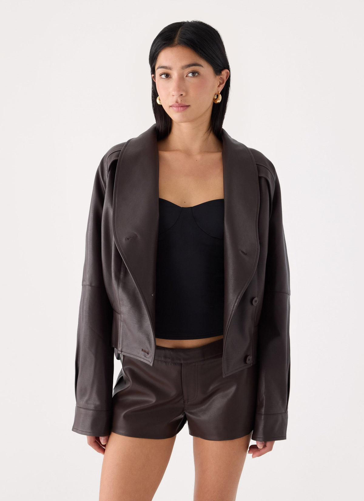 deliana oversized faux leather jacket chocolate