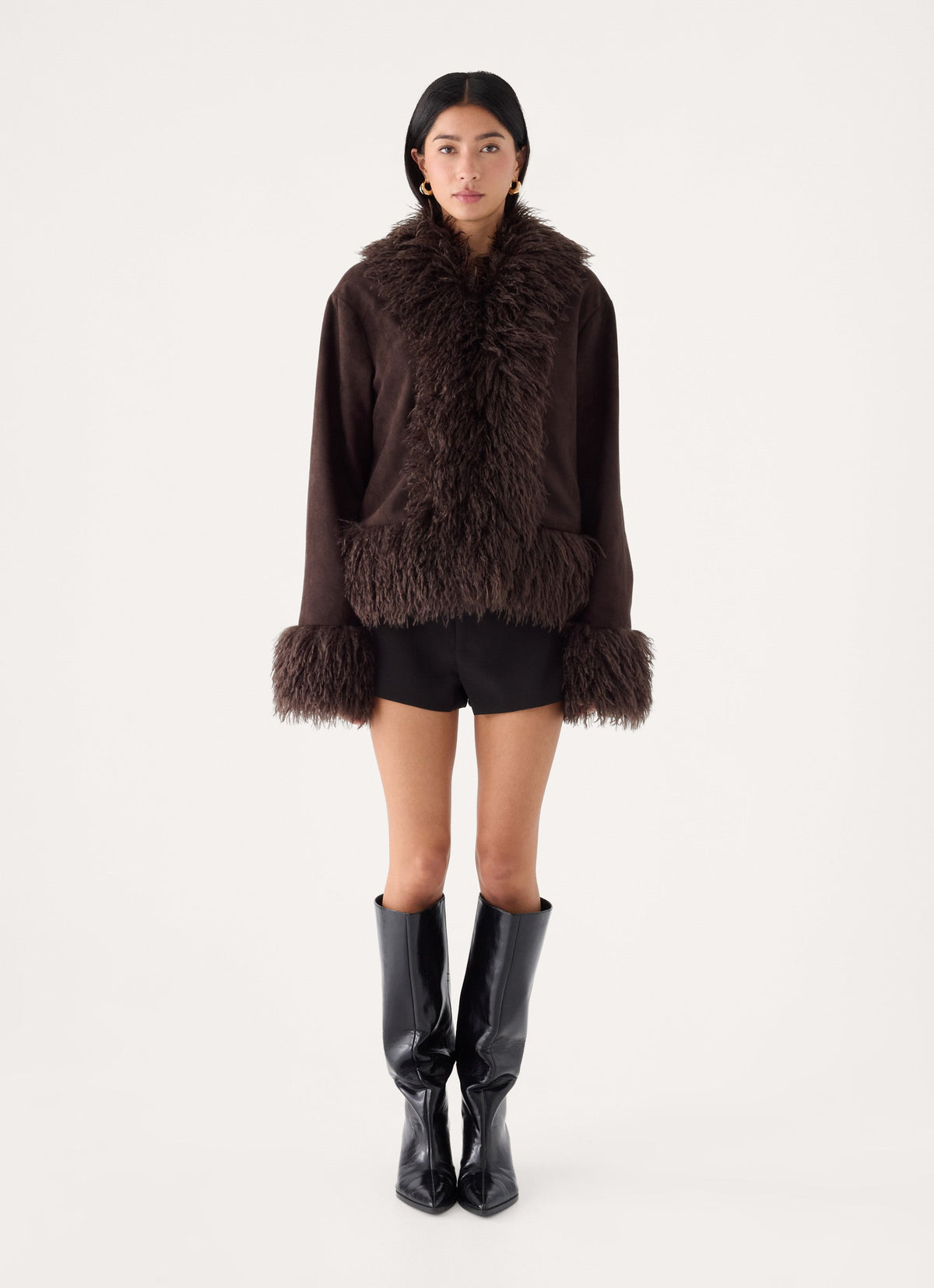 kamsy faux fur trim coat chocolate