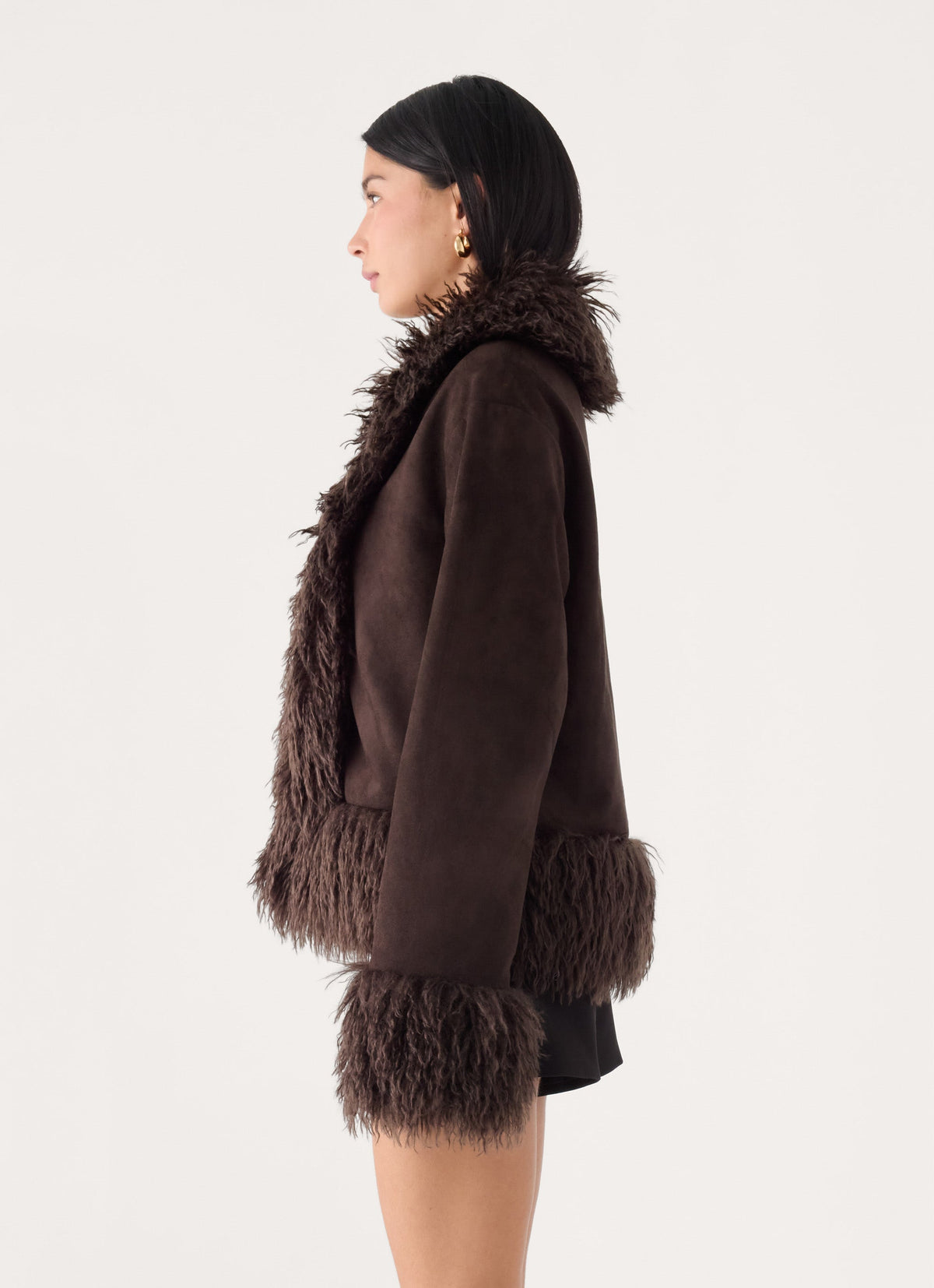 kamsy faux fur trim coat chocolate