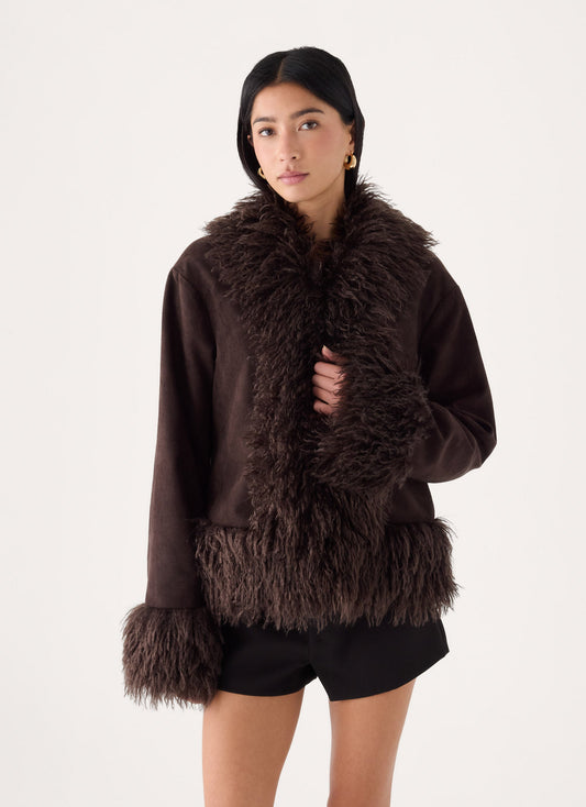 kamsy faux fur trim coat chocolate