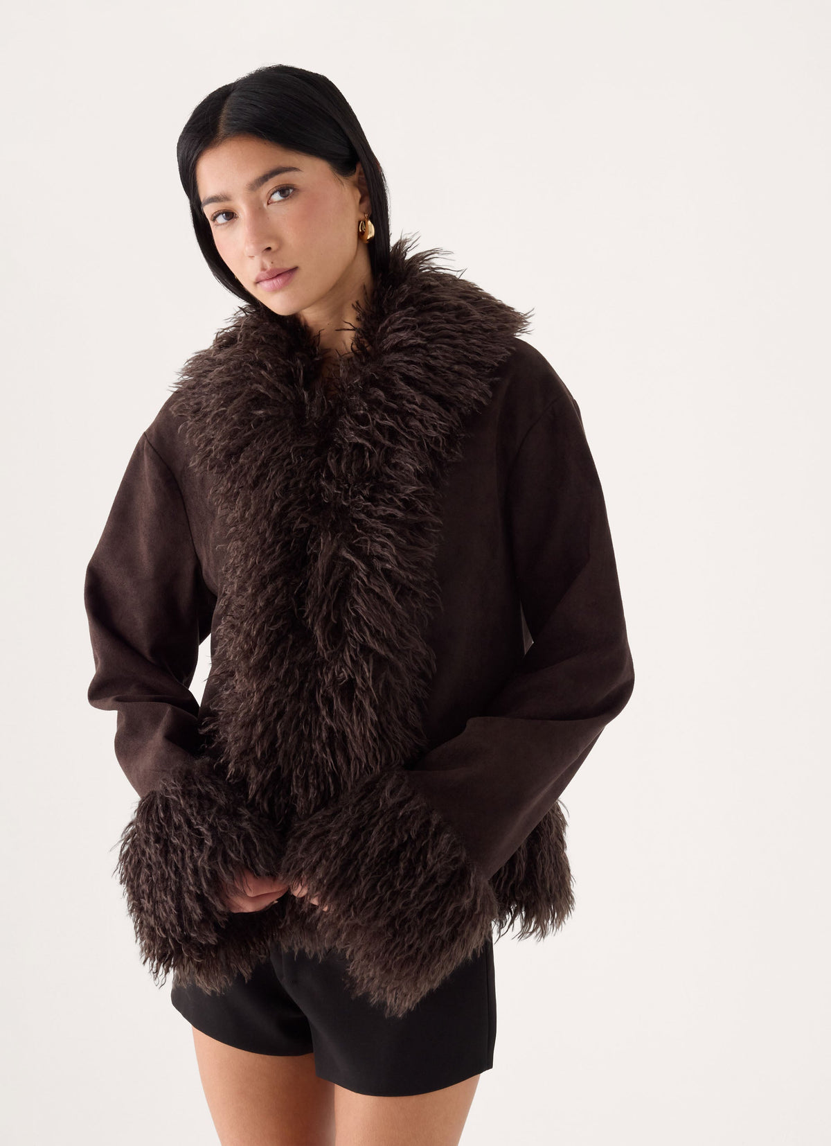 kamsy faux fur trim coat chocolate