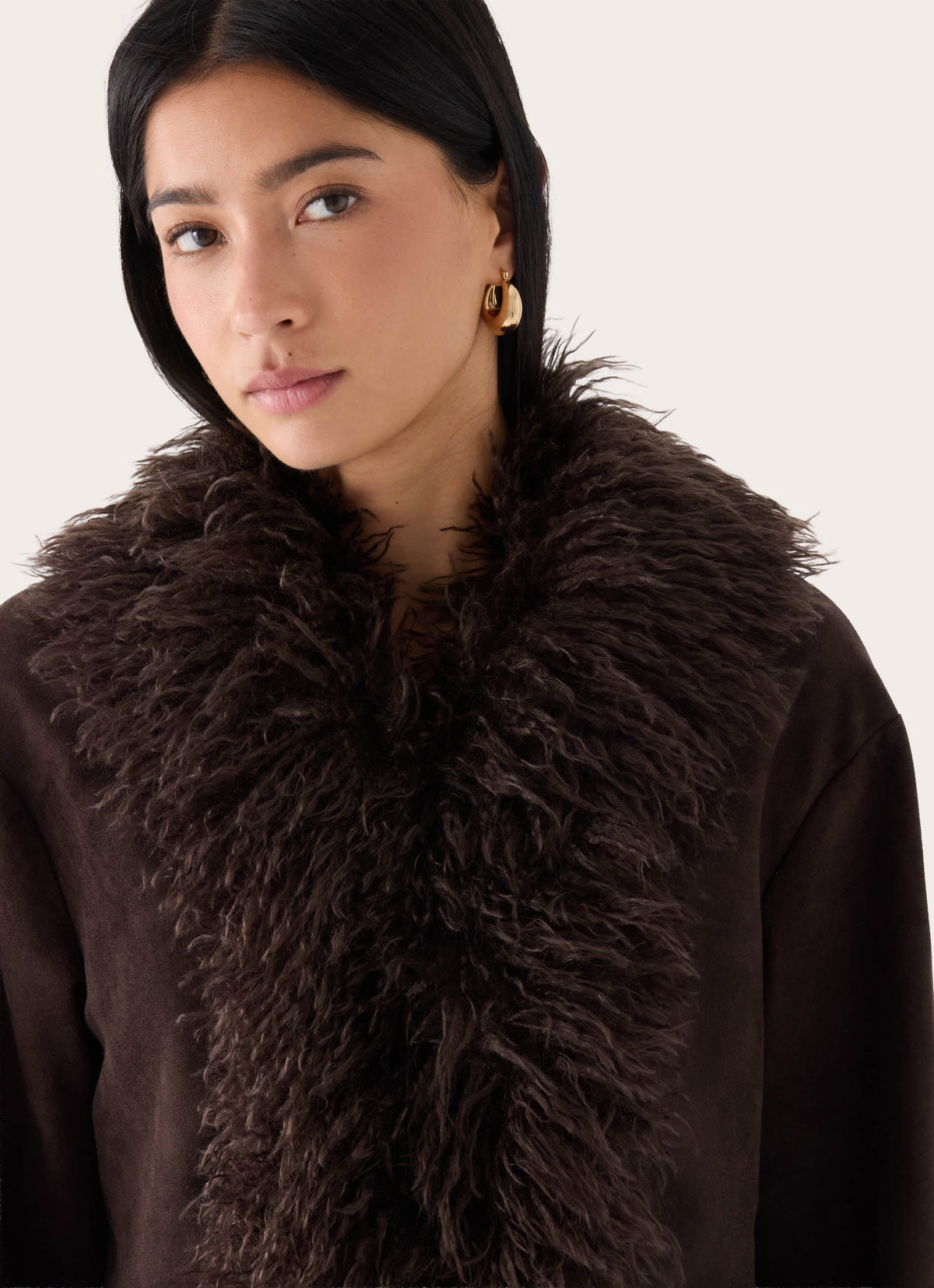kamsy faux fur trim coat chocolate
