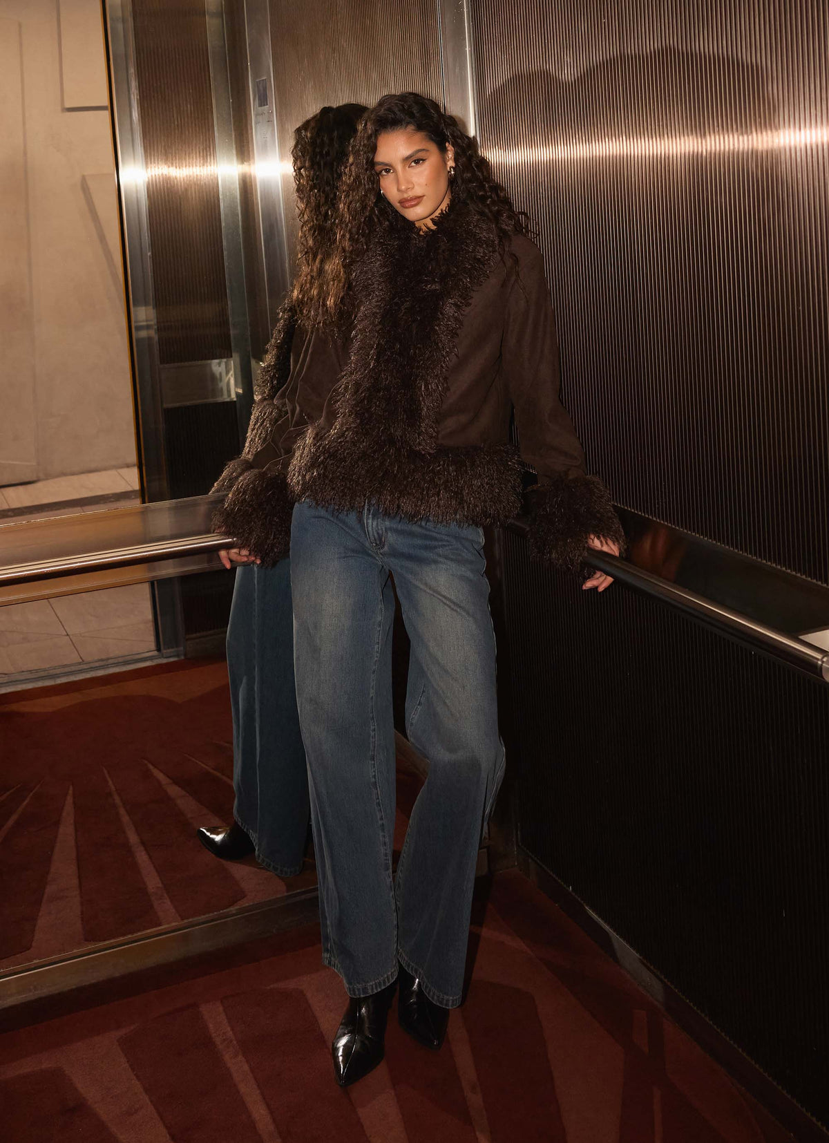 kamsy faux fur trim coat chocolate