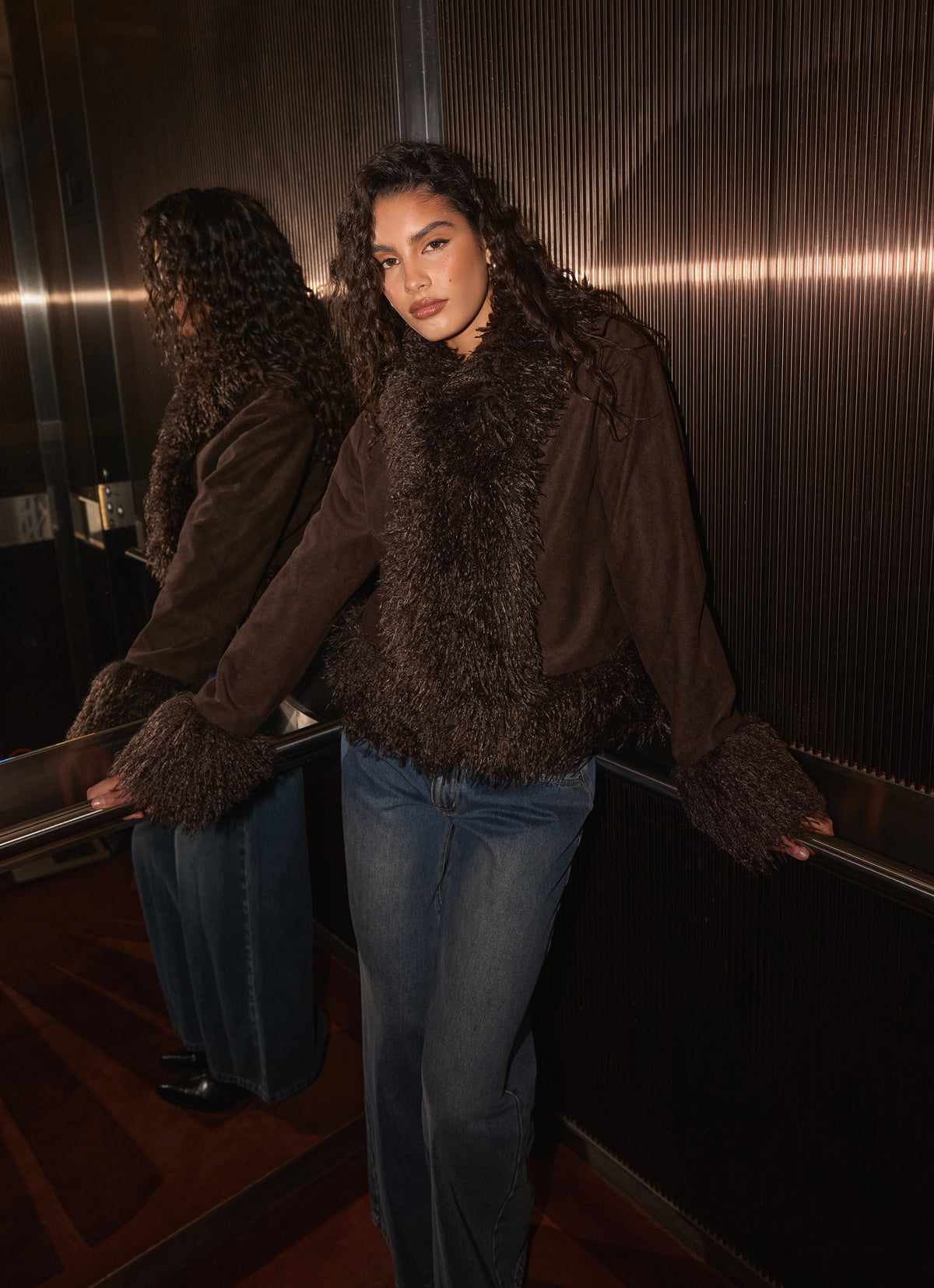 kamsy faux fur trim coat chocolate