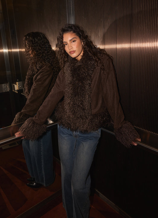 kamsy faux fur trim coat chocolate
