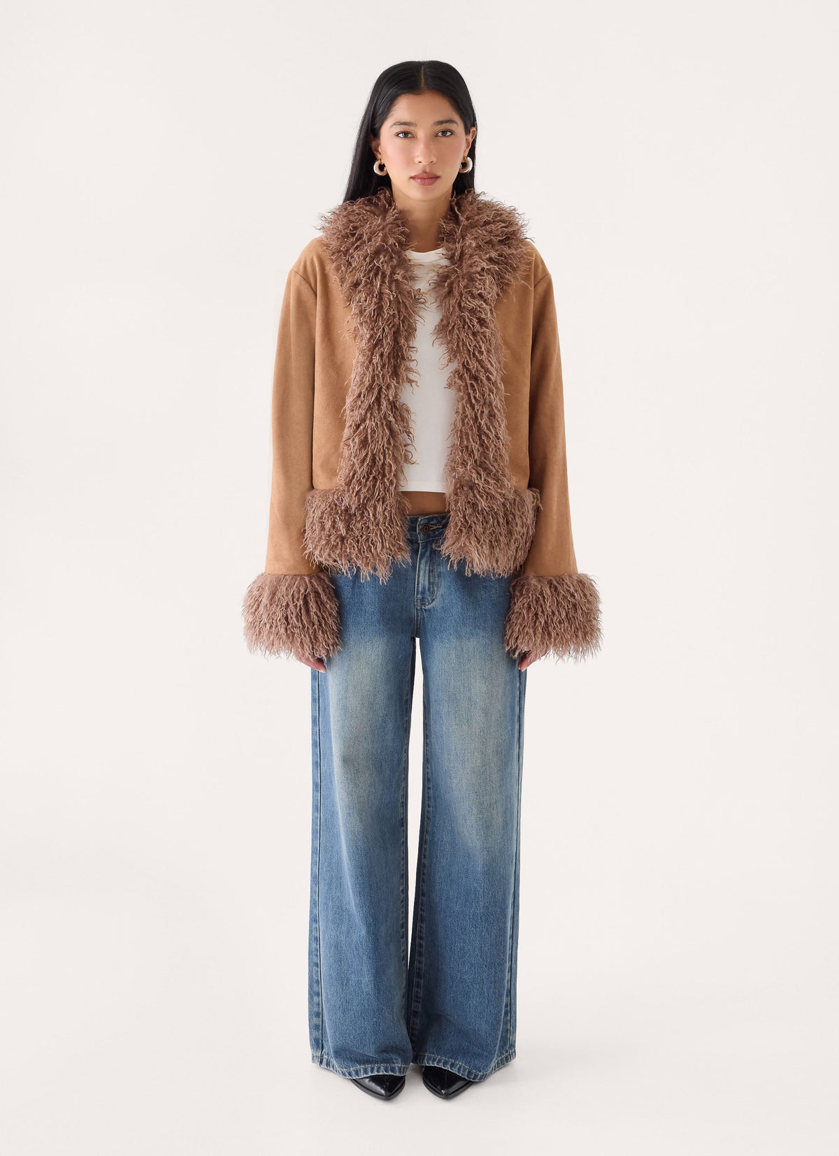 kamsy faux fur trim coat tan
