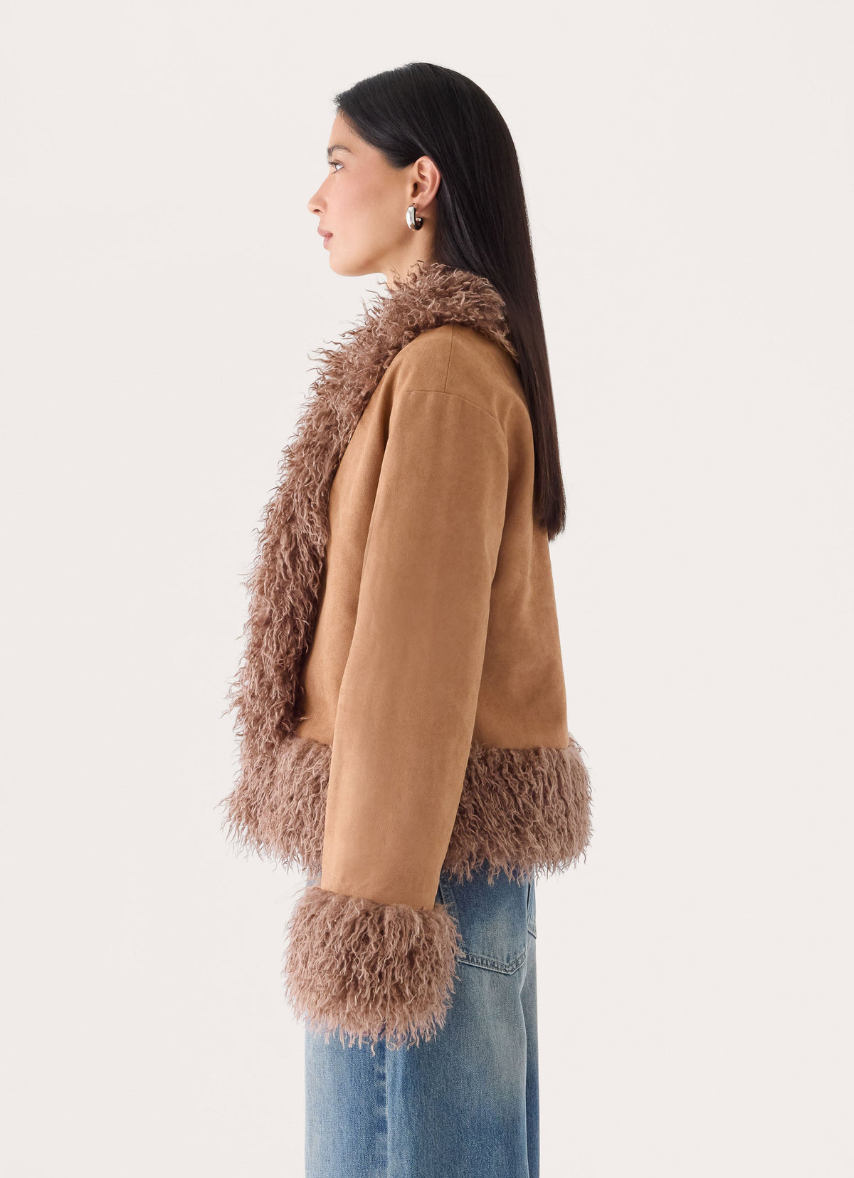 kamsy faux fur trim coat tan