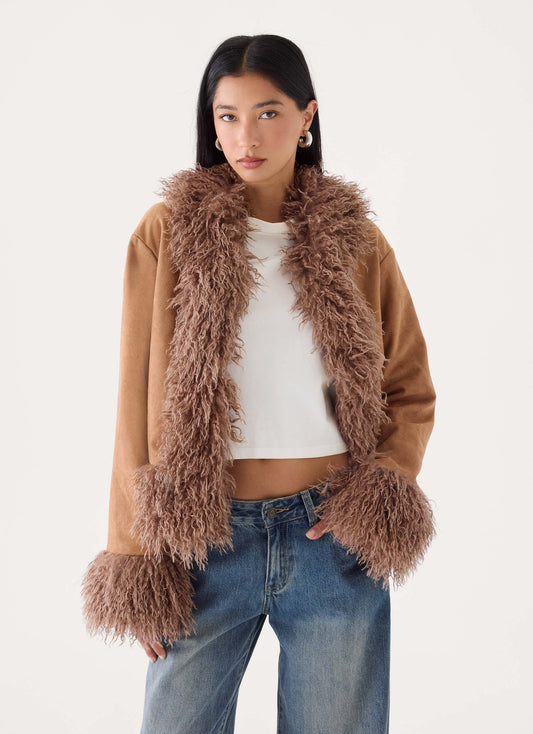 kamsy faux fur trim coat tan