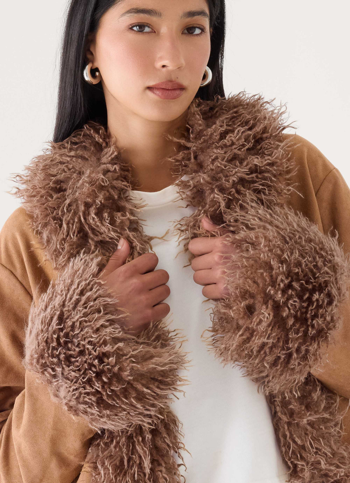 kamsy faux fur trim coat tan
