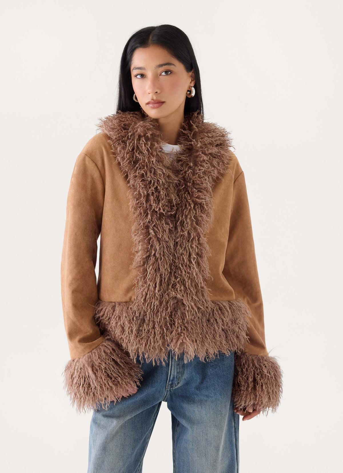 kamsy faux fur trim coat tan