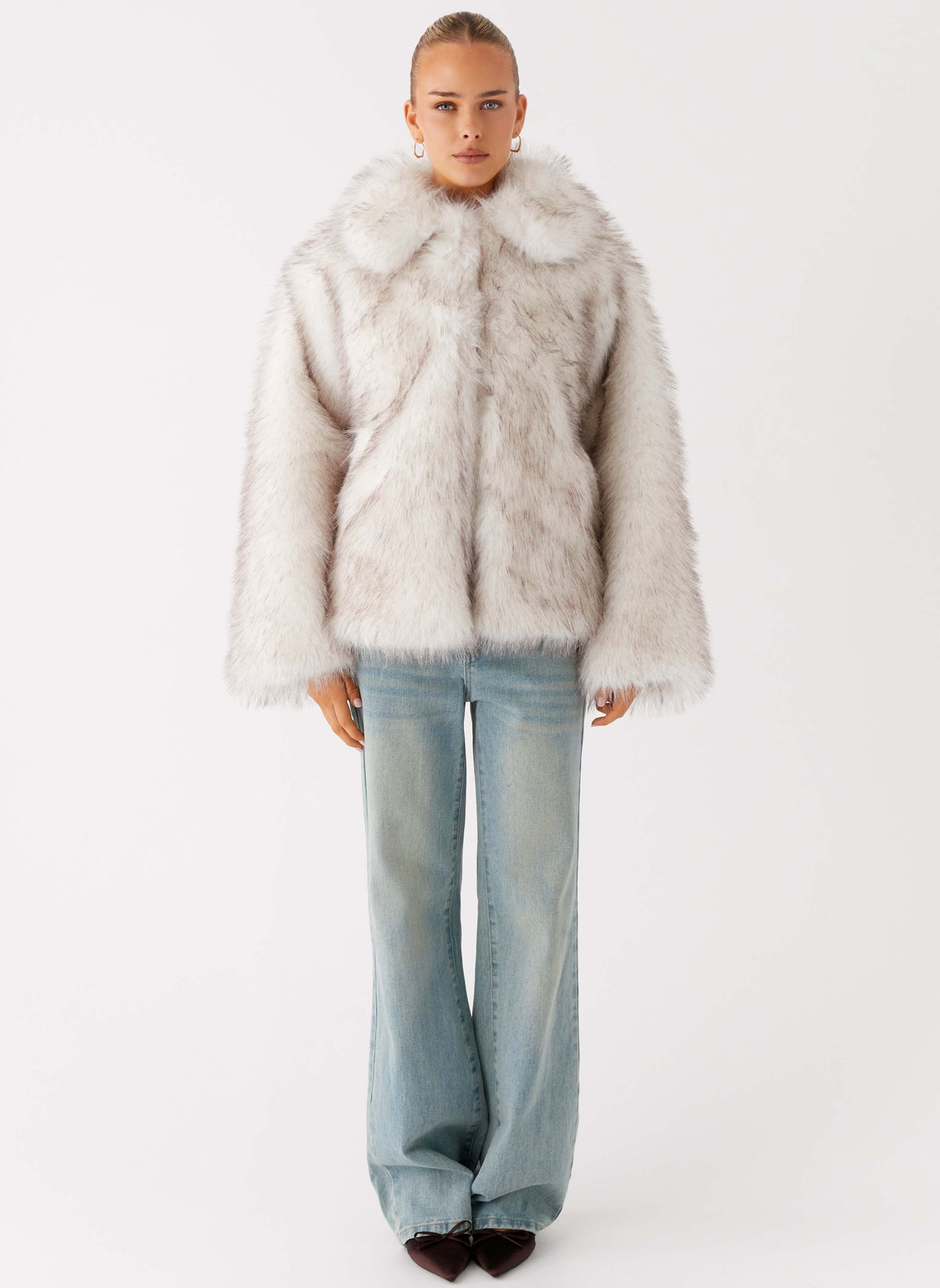 novera faux fur jacket white grey