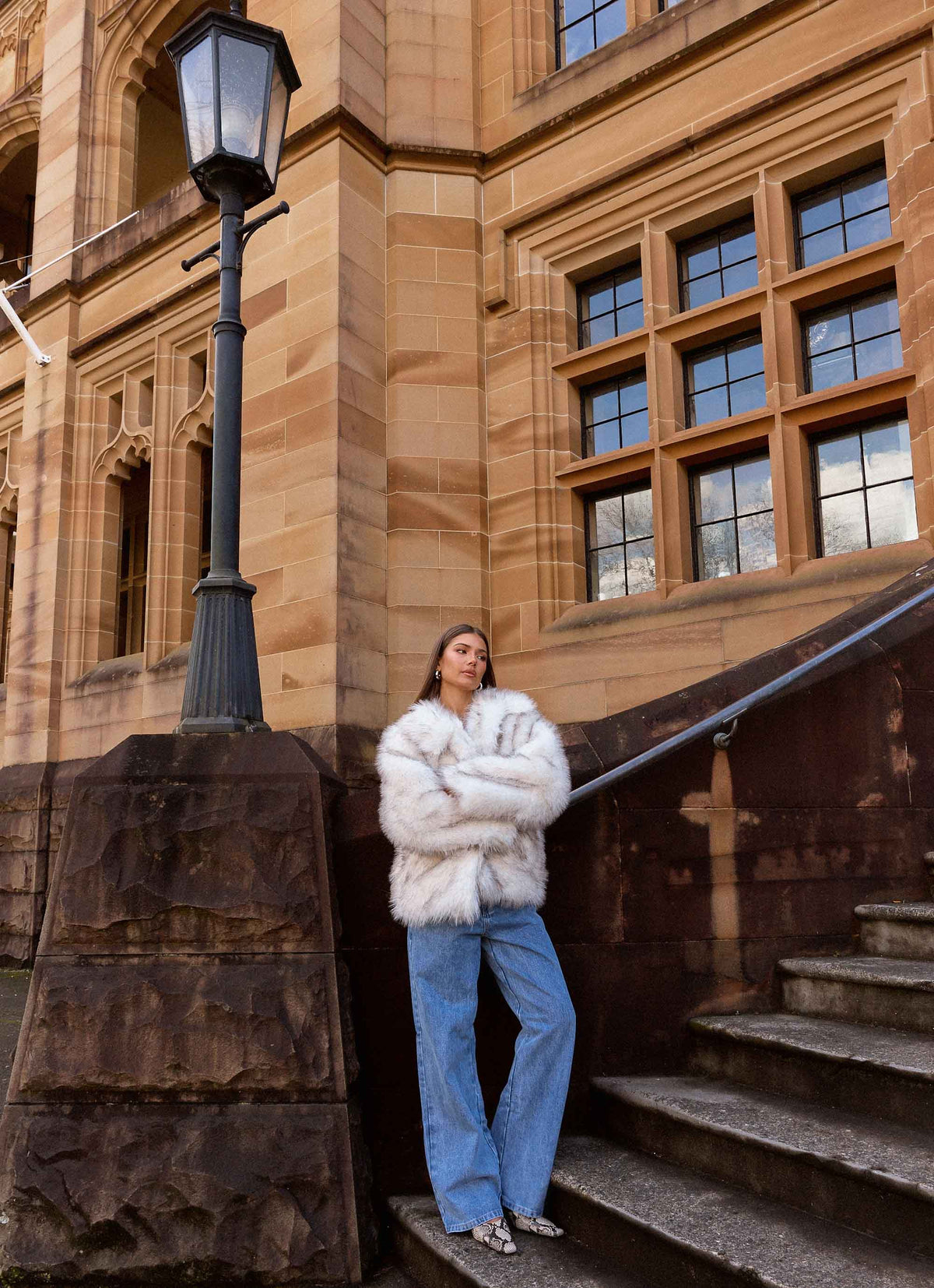 novera faux fur jacket white grey