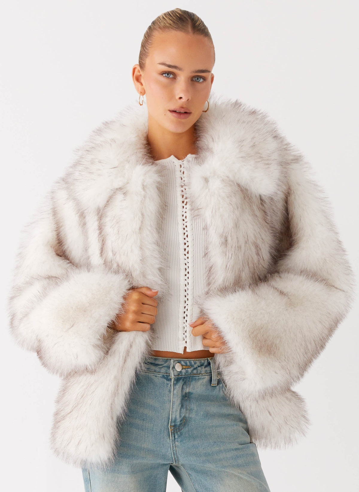 novera faux fur jacket white grey